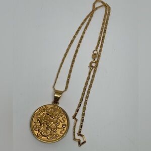 18K GP MA Gold Necklace CM Dragon Pendant Signed